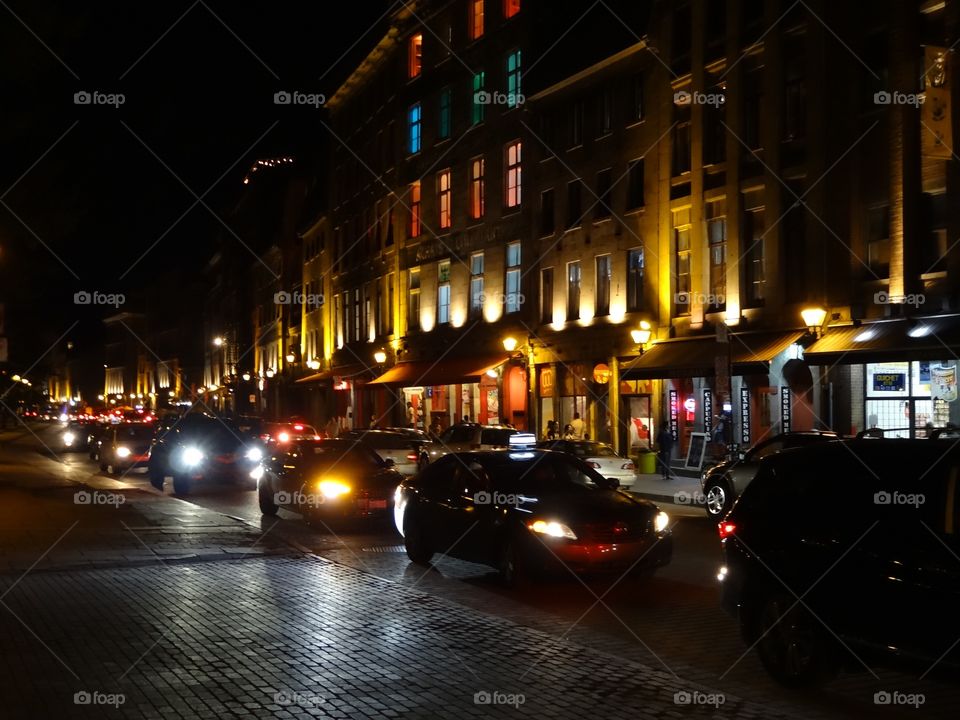 Old Montreal at Night , picturesque, beautiful , colourful , across from old port 