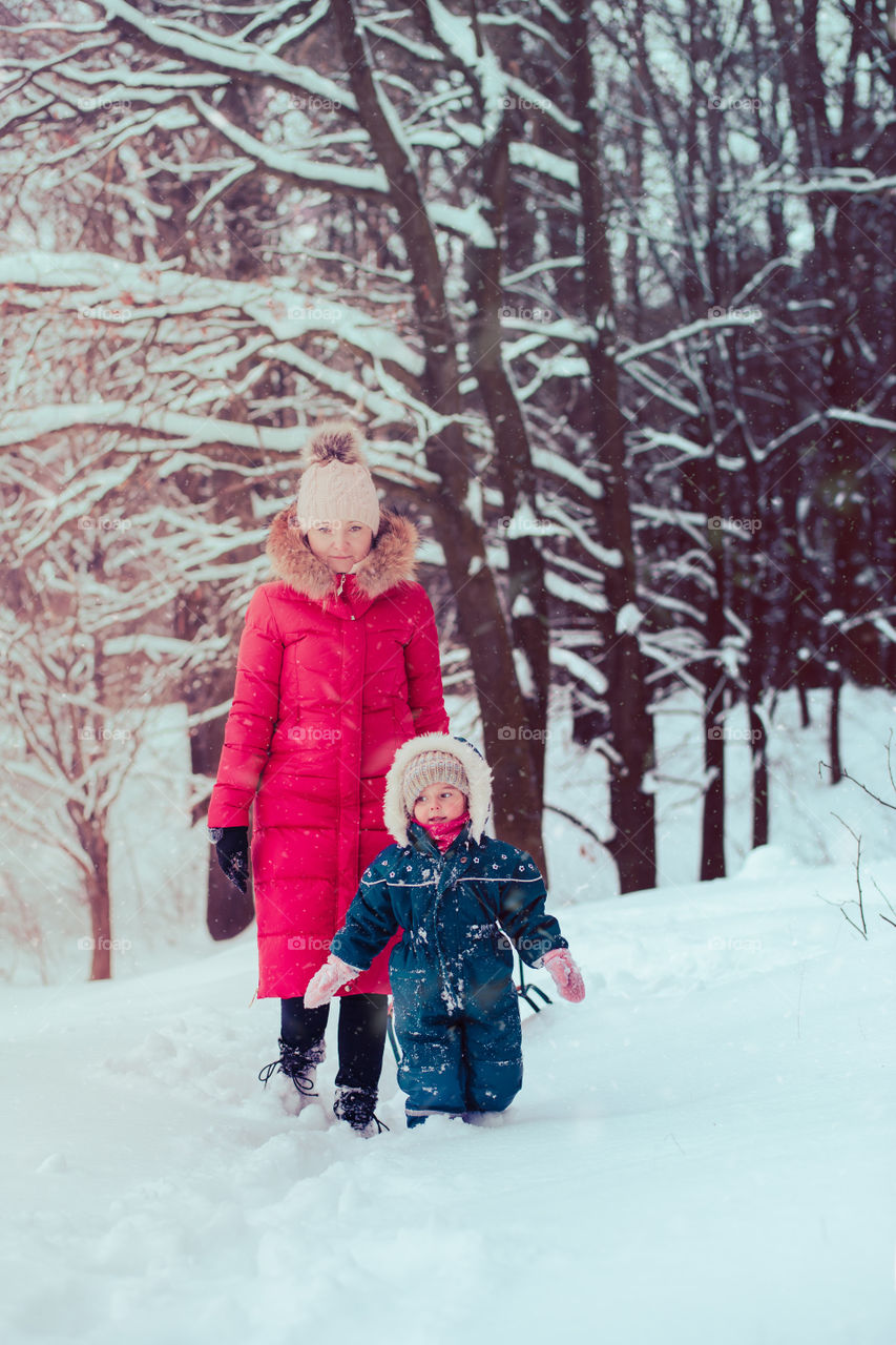 Mother and her little daughter are spending time together walking outdoors in forest in winter while snow falling. Woman is pulling sled, a few years old girl is walking through the deep snow, enjoying wintertime