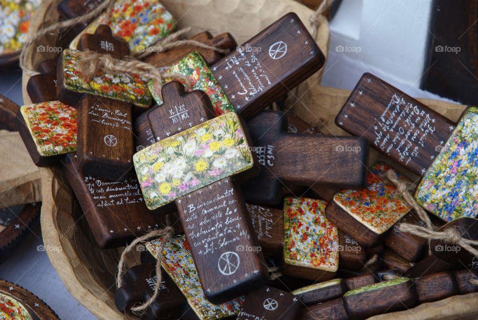 Orthodox painted crosses at the handmade traditional winter fair of