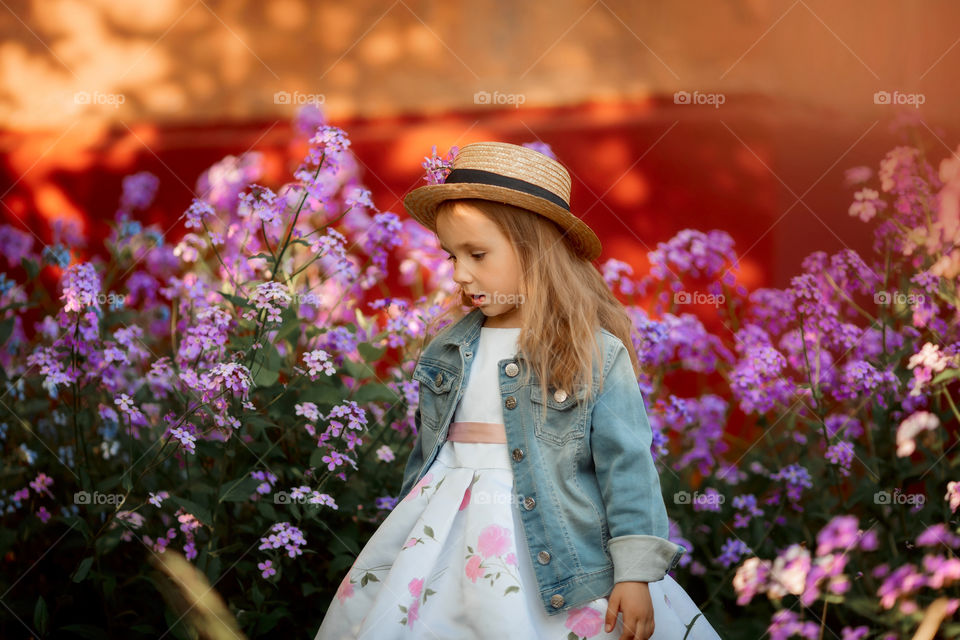 Cute little girl portrait in blossom meadow at sunset 