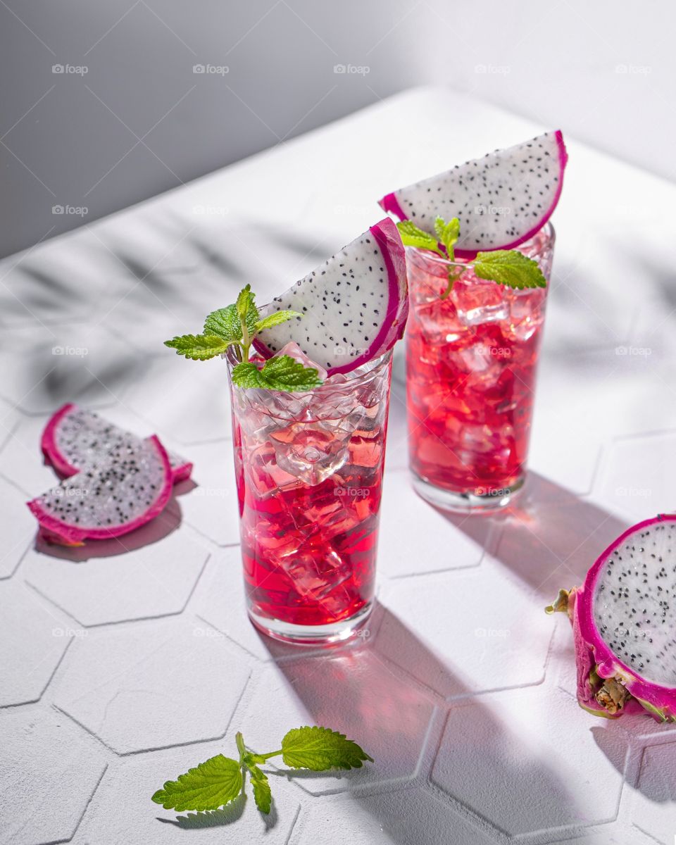 Summer iced cocktail with dragon fruit