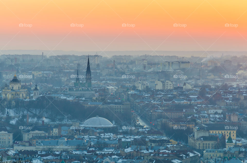 Lviv cityscape during the sunset