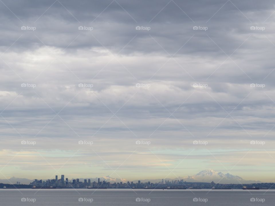 Skyline of Vancouver and mountains in muted colors