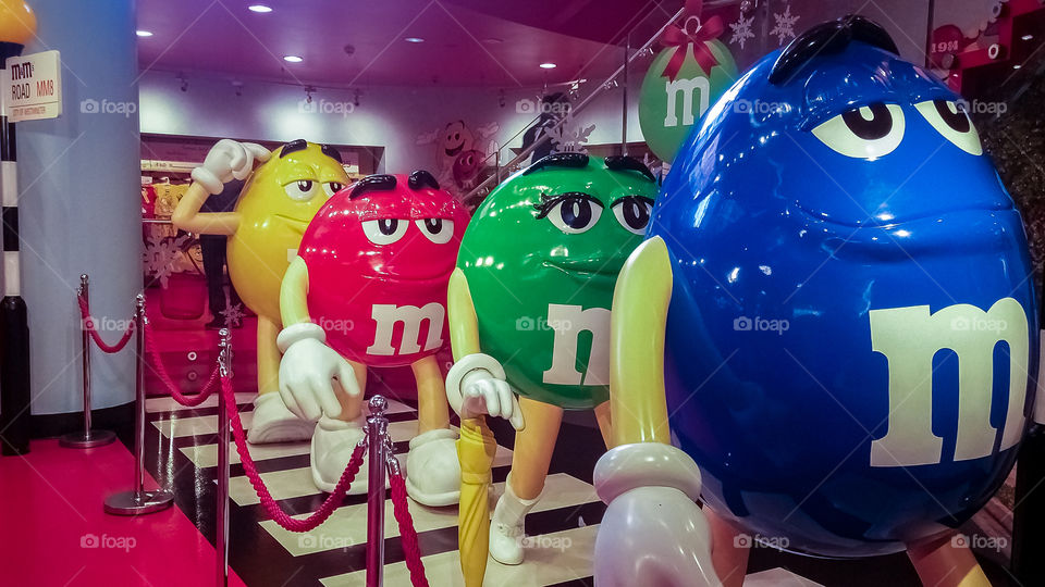 M&M's flagship store in London. UK. M&M's sweets characters in the store.
