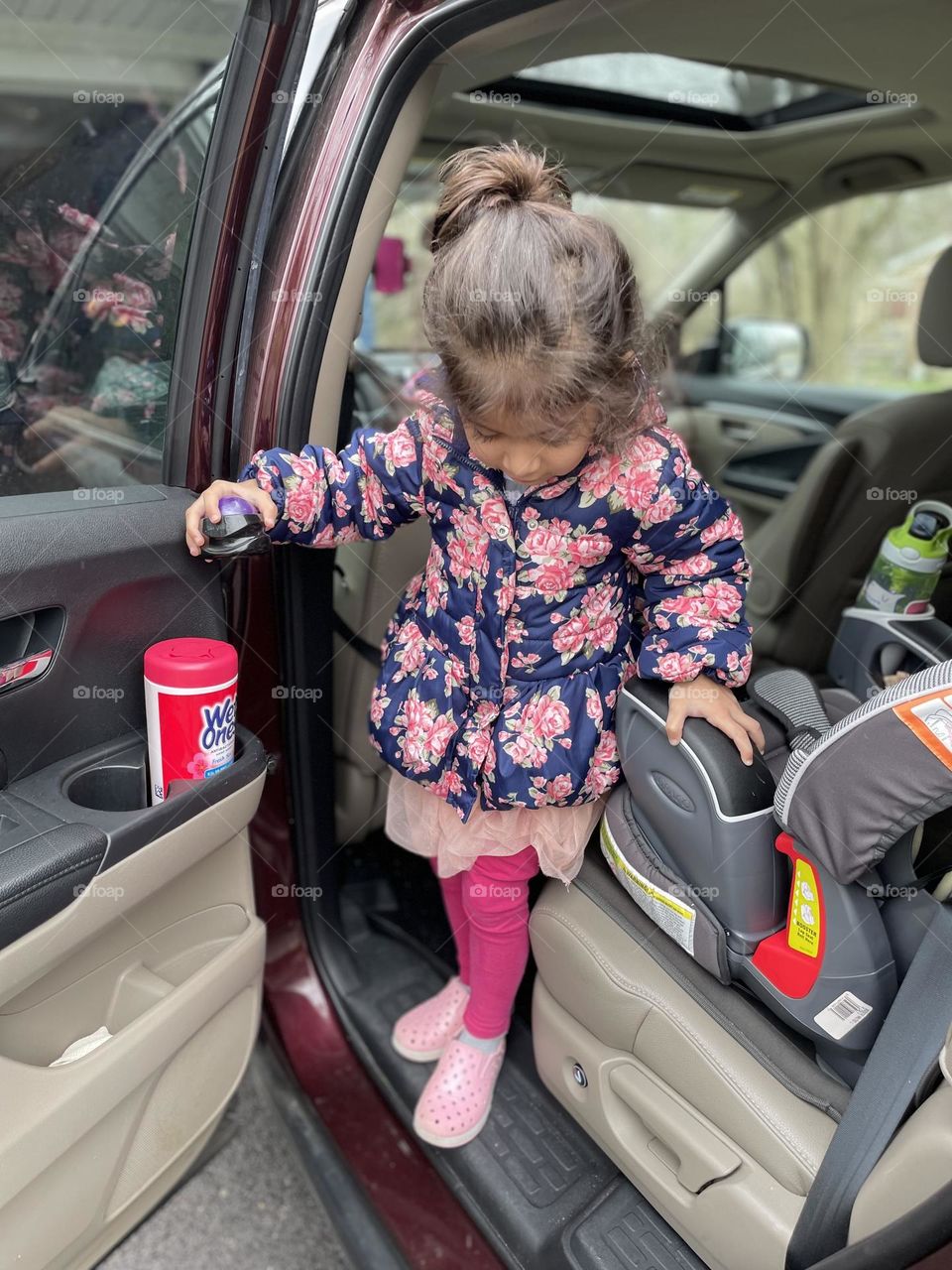 Little girl gets out of car, toddler getting out of car, toddler girl runs errands with mommy, going everywhere with mommy