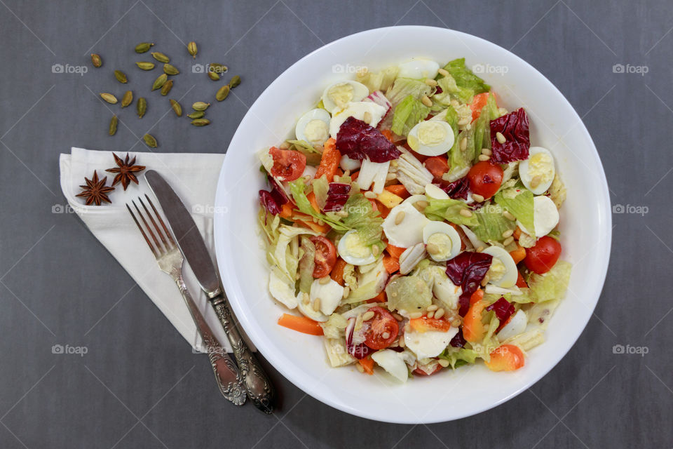 Directly above view of greek salad on plate