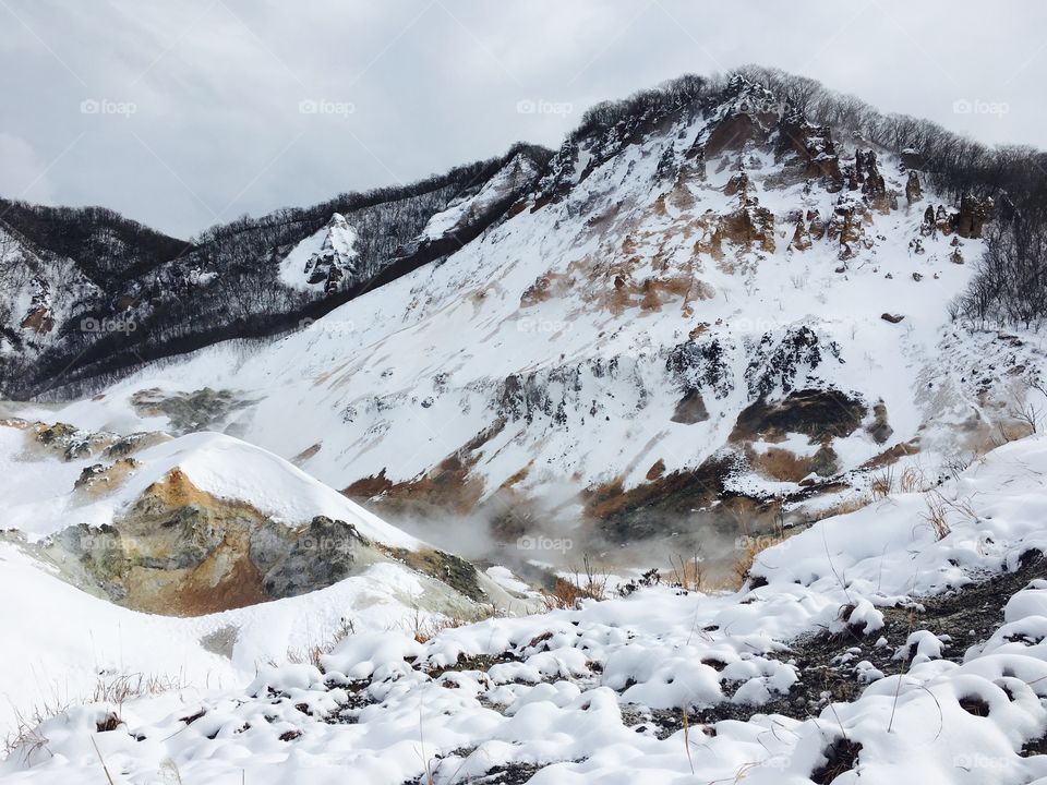Snow mountains at noboribetsu, hokkaido, japan 