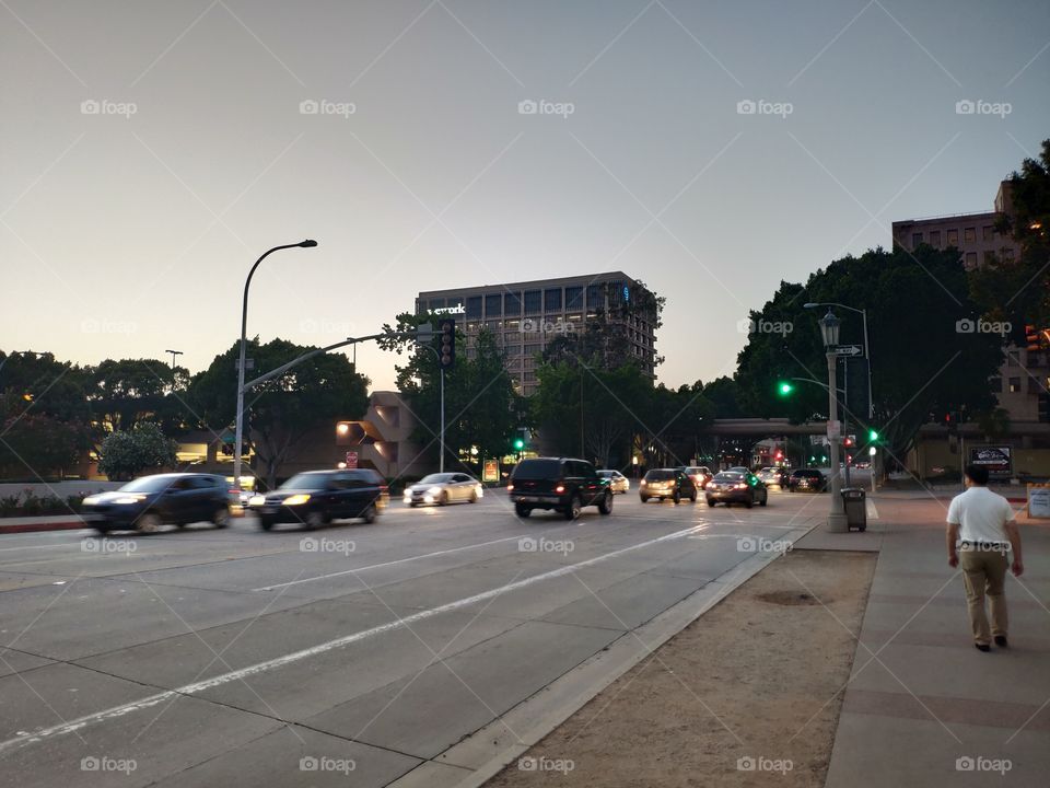 Busy time, Street in Pasadena Downtown, Evening