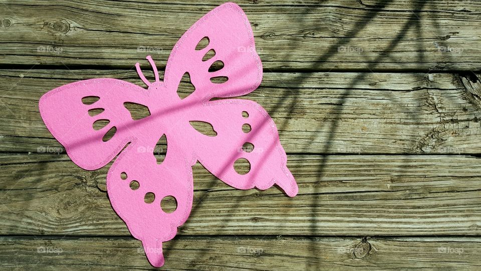 Pink butterfly representation on wooden table