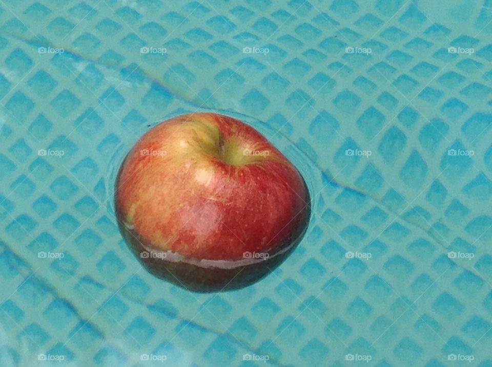 An apple floating in water. 