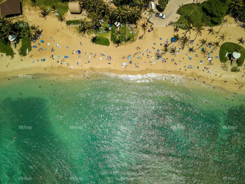 Beach area from above with clear water in Hawaii 