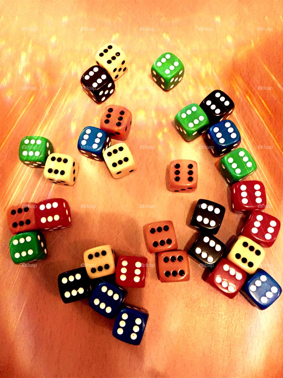 High angle view of multi colored dice