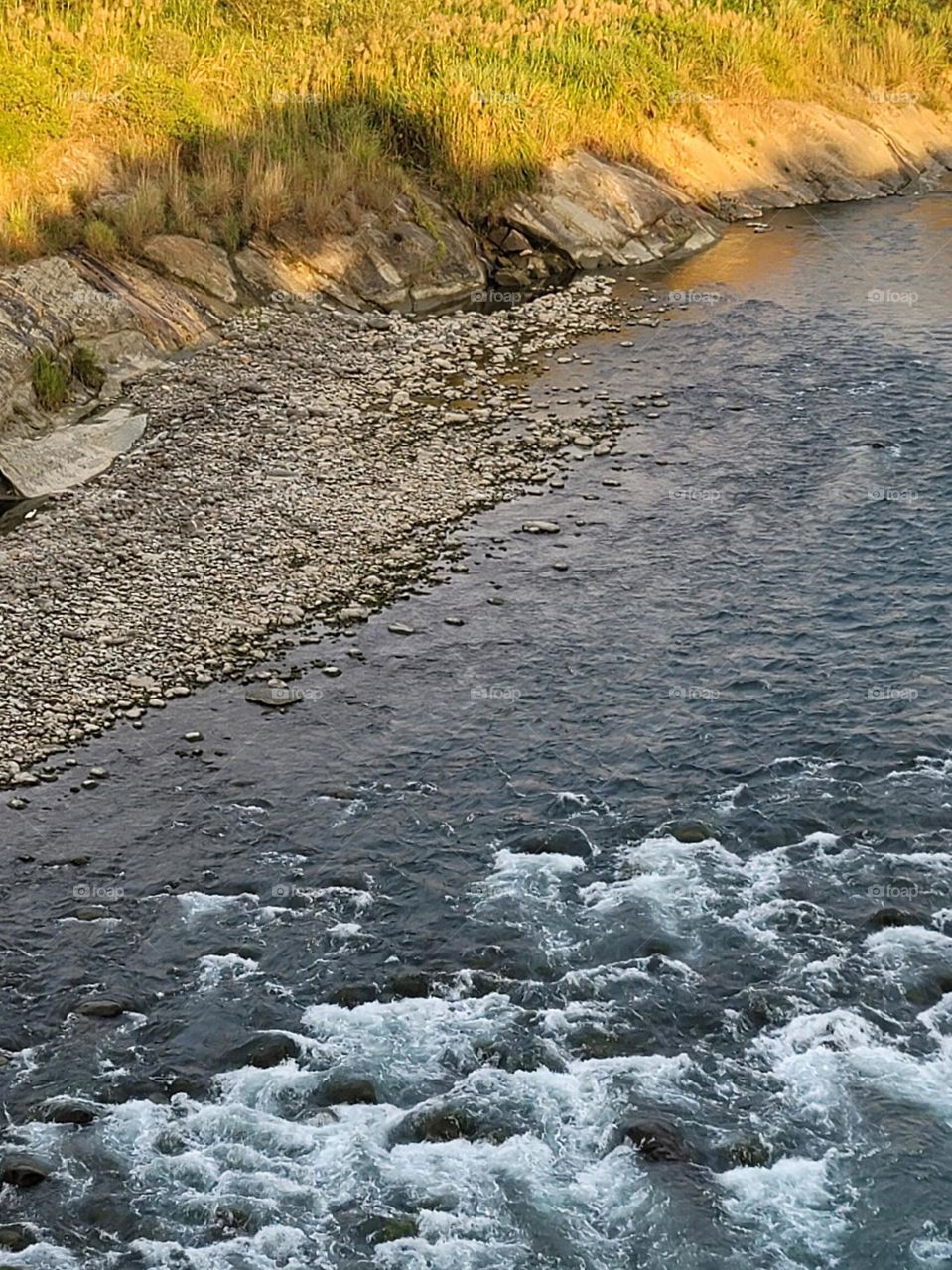 Flowing stream, gravel and chartreuse grass.