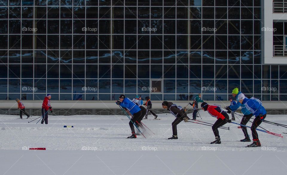 ski race in the stadium