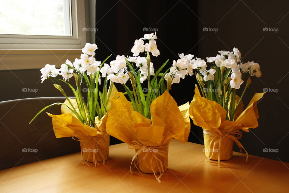 Flower arrangements. Indoor. White blooms. Natural window light. 