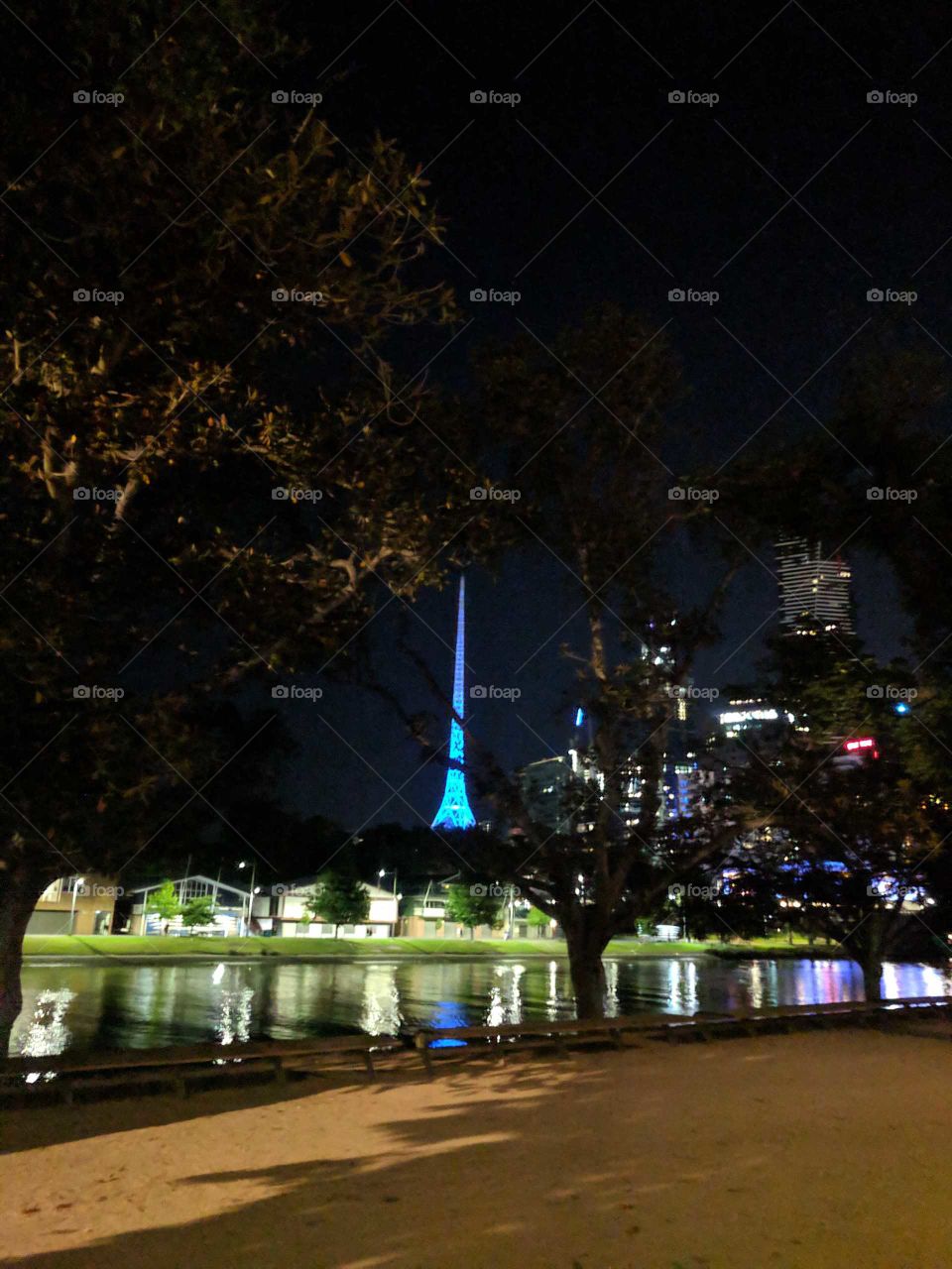 City Spire in Melbourne shining brightly at night