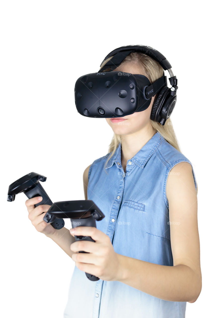 Girl in 3D virtual reality glasses - Virtual Reality Headset - HTC Vive