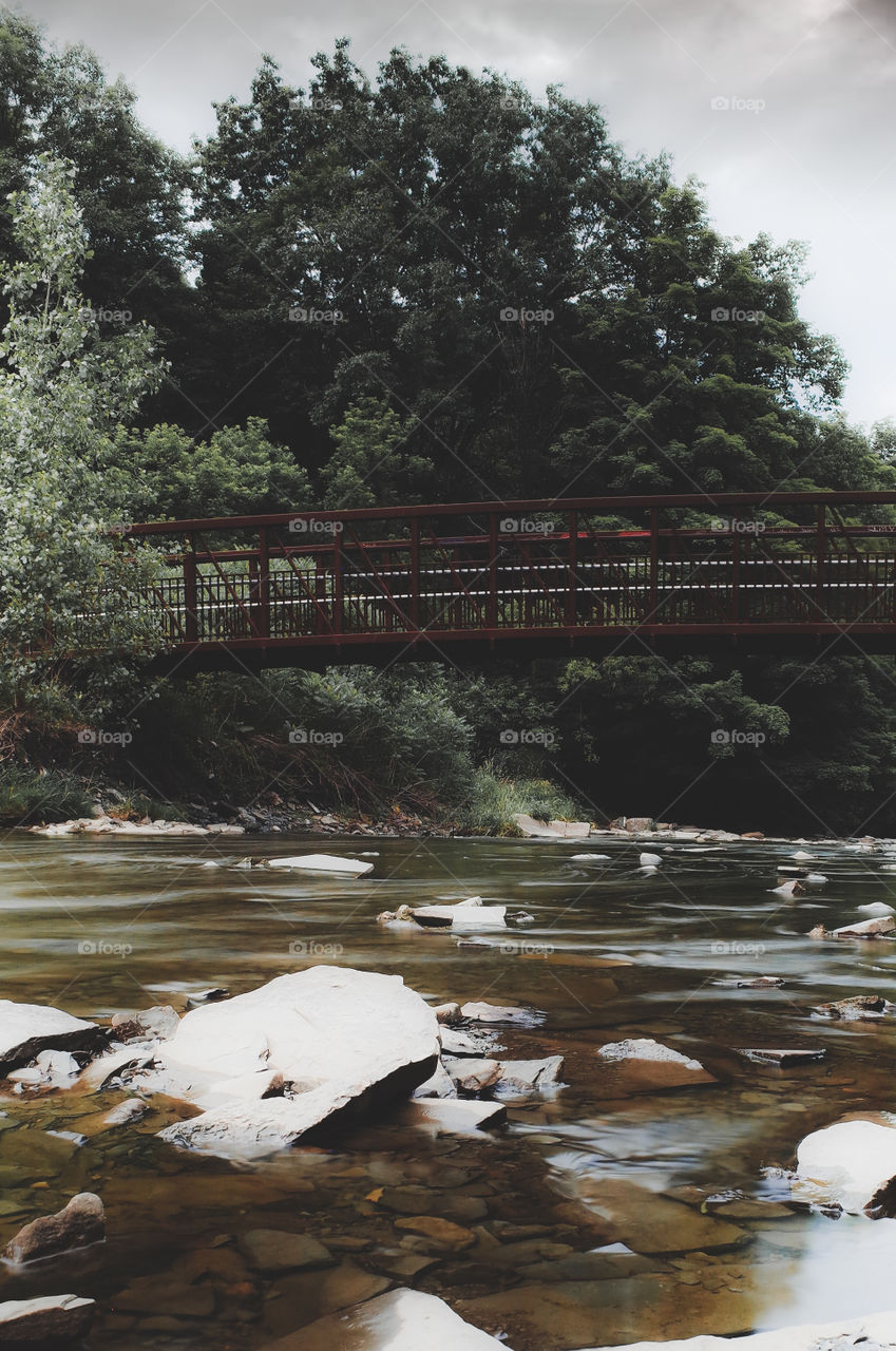 bridge and  nature with water flowing and rocks