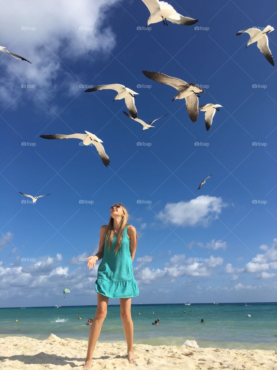 Katya and ocean seagulls. Yucatán peninsula. Playa del Carmen. 