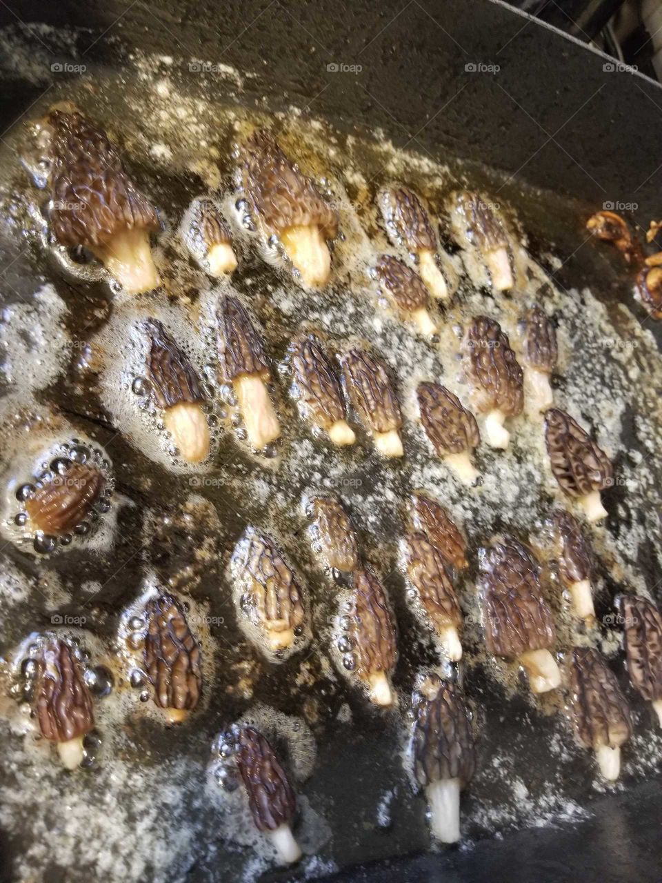 Brown, Wrinkled Morel Mushrooms Cooking in Oil