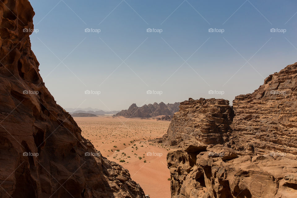 Far View. Looking out over the rock formations and sand dunes of Wadi Rum, Jordan