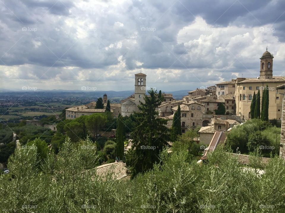 Assisi, Umbria, Italy, medieval village, old buildings and olive trees plantations on the hills 