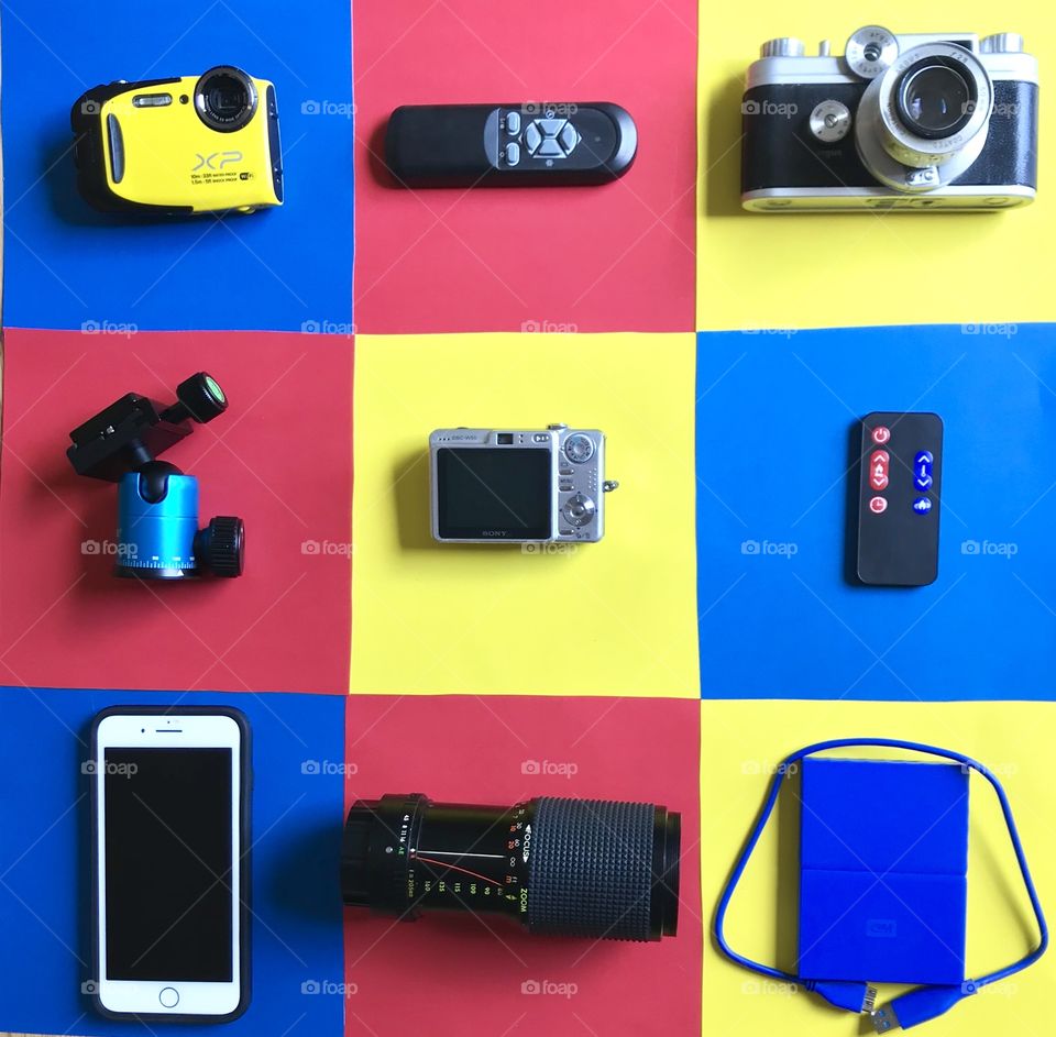 My favorite gadgets, variety of gadgets on a colorful tic-tax-toe pattern