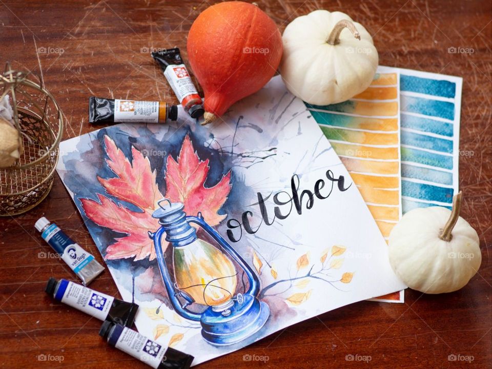 октябрь, осень, тыква, краски, надпись 