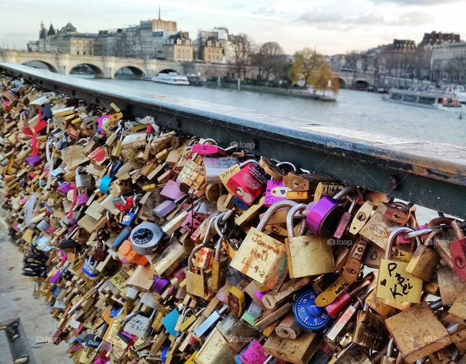 Love locks. Love lock bridge in Paris, France 