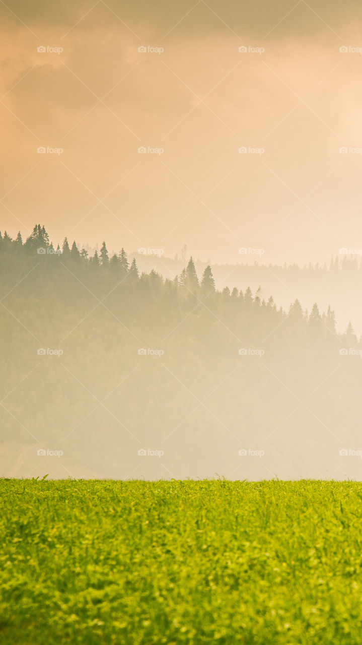 An inspiring mountain landscape. Tatry mountains in Slovakia. A beautiful wallpaper for smartphone screen. Warm summer haze, abstract gradient with perspective.