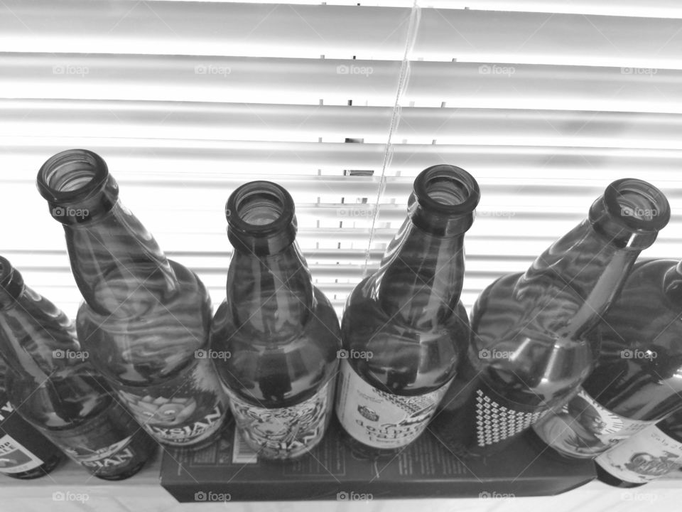 Black and white empty beer bottles