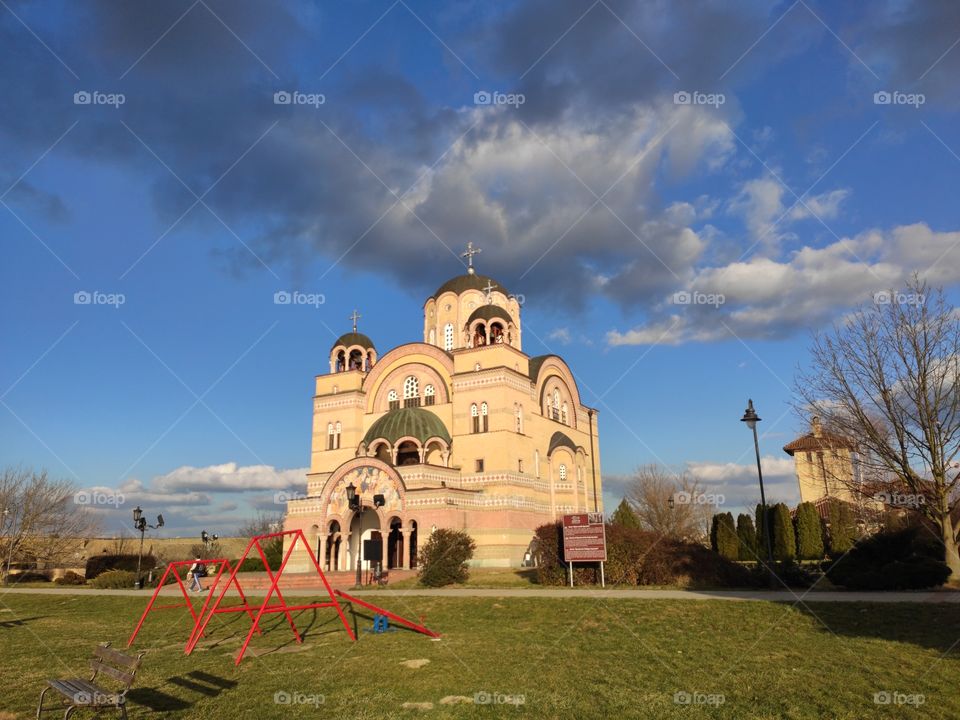 Serbia Apatin Orthodox temple of Salvation on bank of river Danube