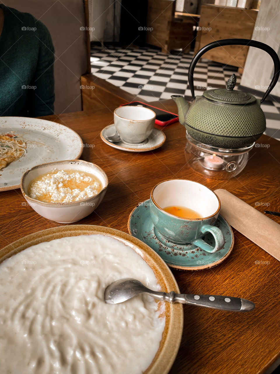 Caucasian Breakfast with porridge 