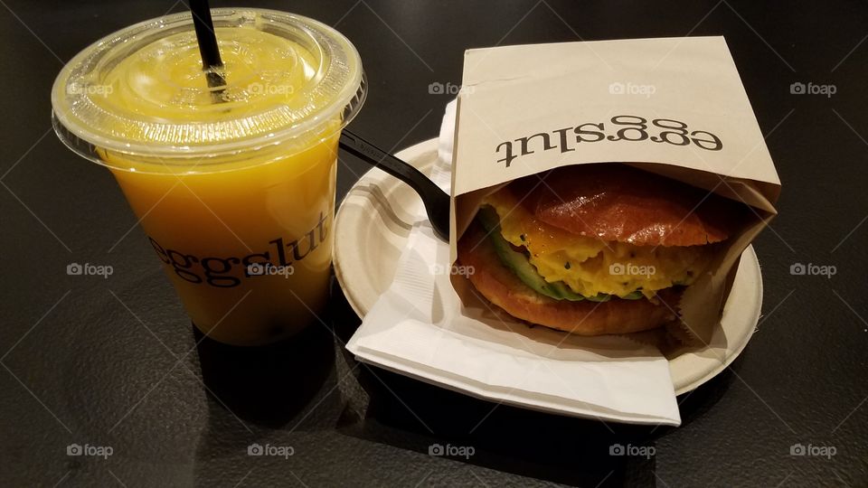 Eggslut Las Vegas Fairfax Sandwich and Fresh OJ