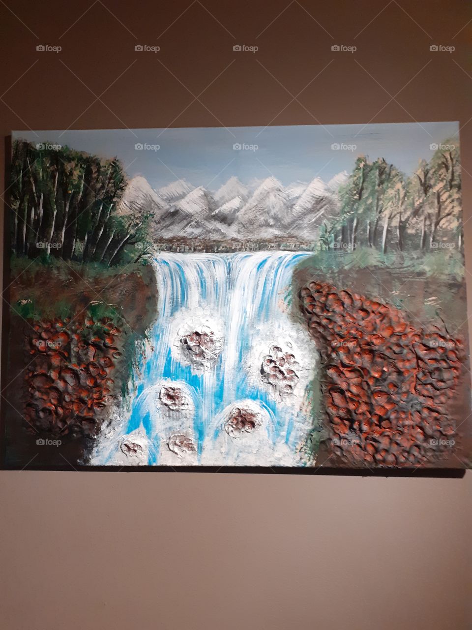 waterfall trees mountains rocks painting