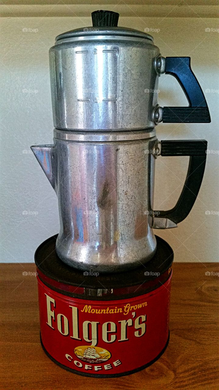 Vintage 2 Cup Aluminum Dripolator with antique coffee can!