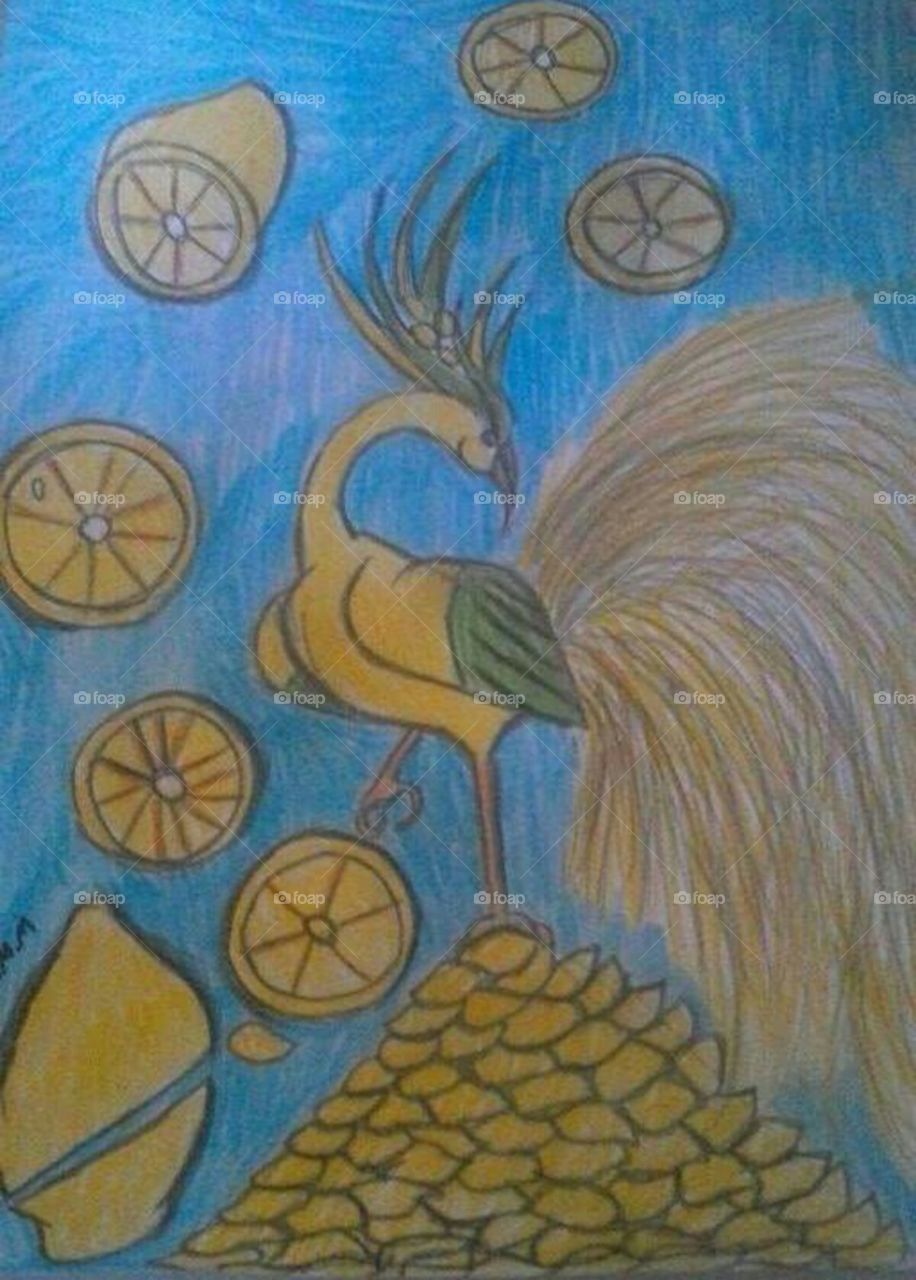 One of my art works, hope you like it and want to purchase it. Thought it would be cool having a yellow and green peacock with lemons, since lemons were in fashion