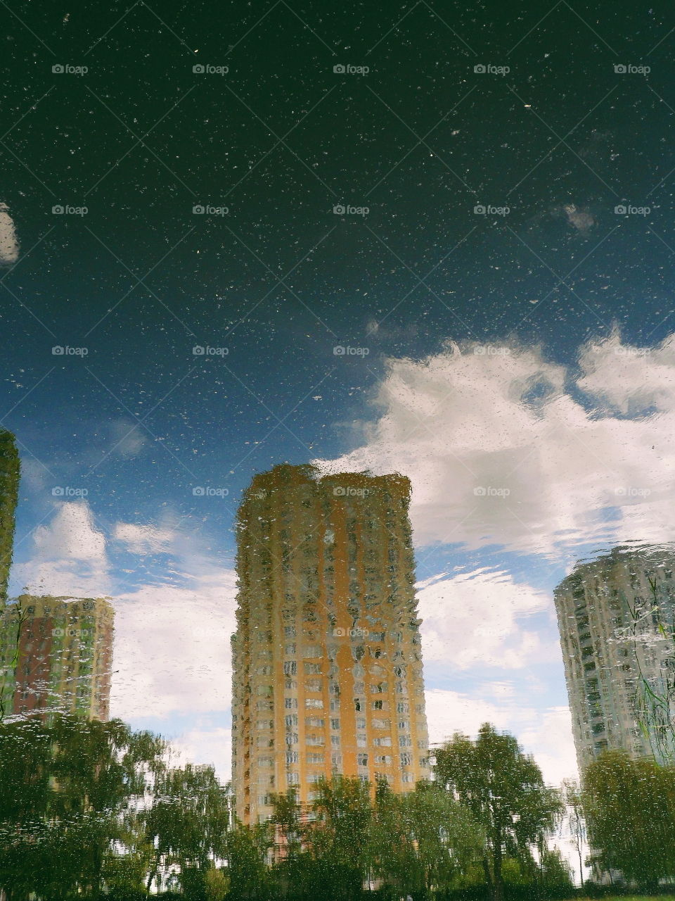 mirror image of houses in the lake of the park of the city of Kiev