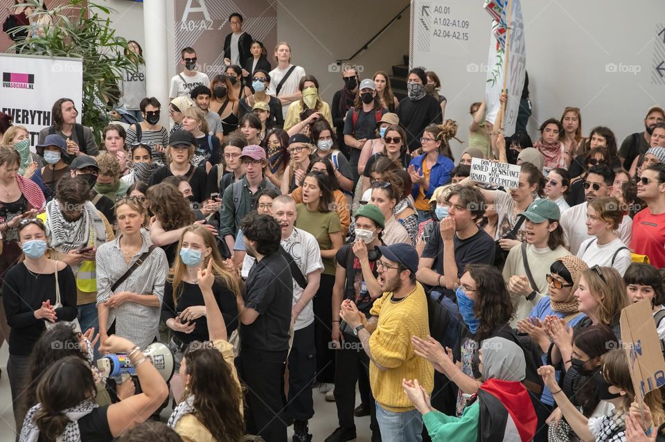 Students Occupying For Free Palestine Demonstration UVA Roeterseiland  Building At Amsterdam The Netherlands 13-5-2024 (2)