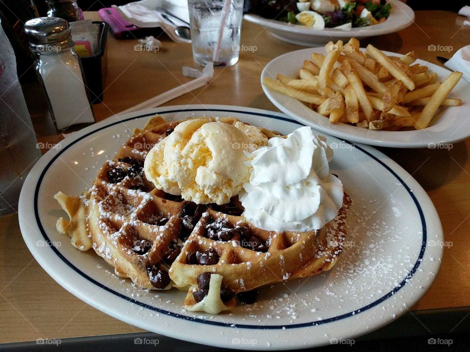 ihop waffles chocolate​ chips and ice cream