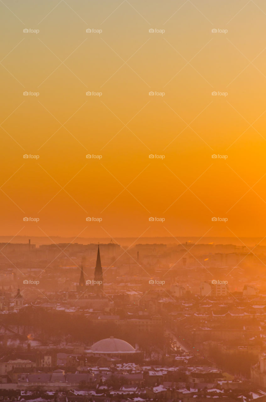 Lviv cityscape during the sunset