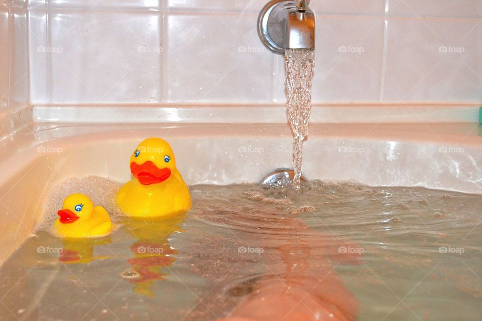 Rubber duckies in the tub. Bathtub fun with rubber duckies