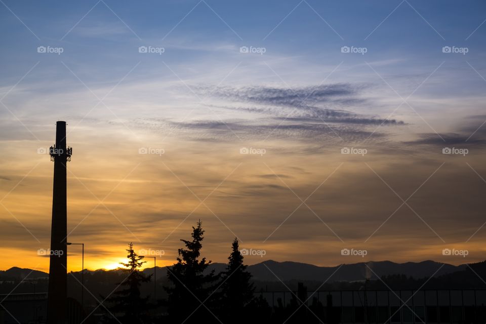 sunset, chimney and trees