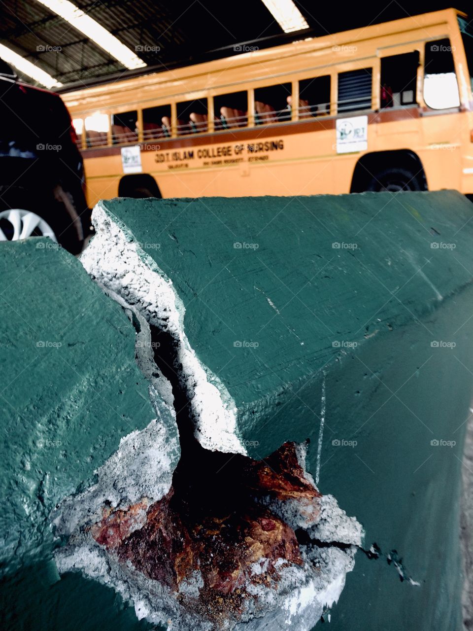 Cracked wall. Hit by a bus