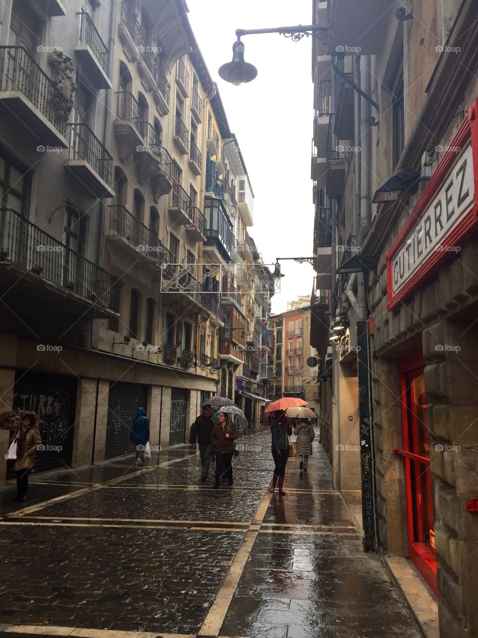 Street in a rainy day in Pamplona, Span