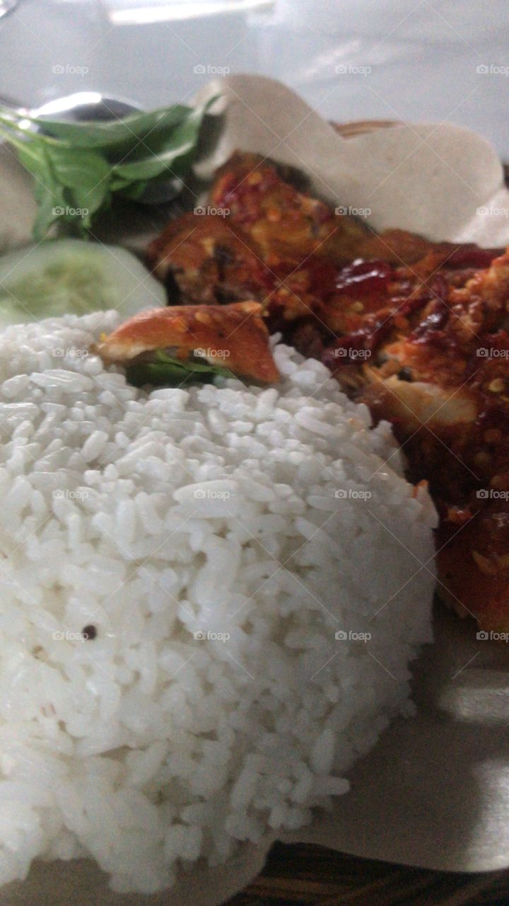 Lunch.. rice and chiken geprak, traditional food from Indonesia
