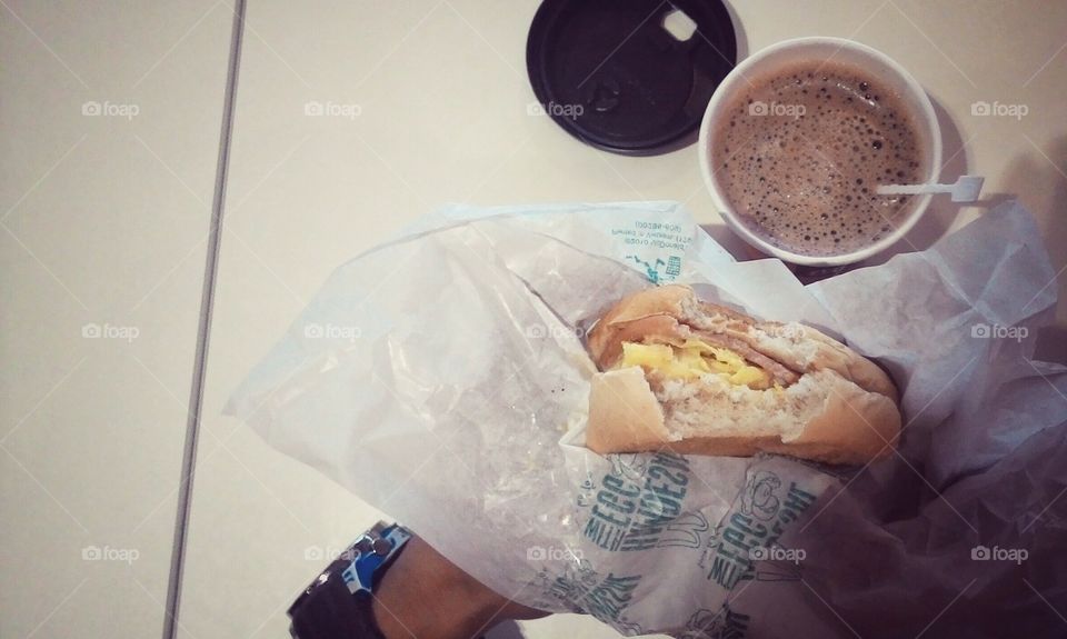 Hot choco and burger. Had a hot choco and burger for breakfast