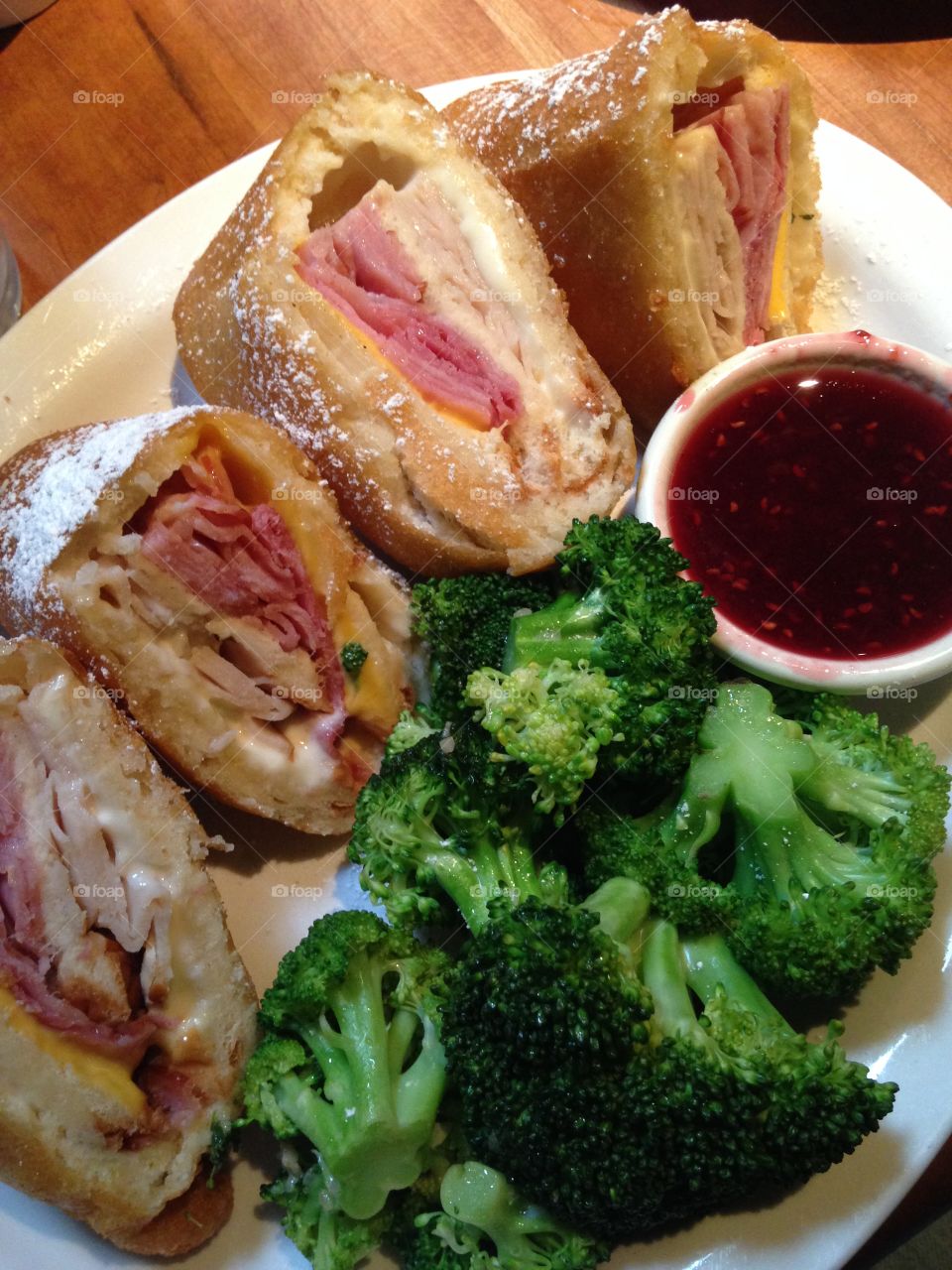 My Favorite . Monte Cristo with raspberry dipping sauce and steamed broccoli. 