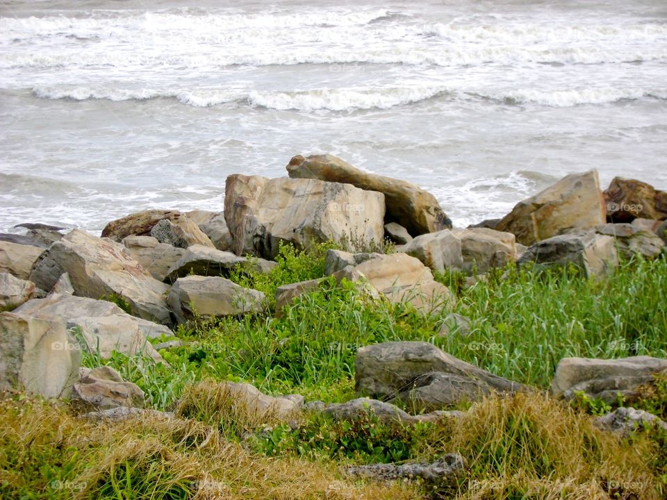 Overcast Rocky beach shores