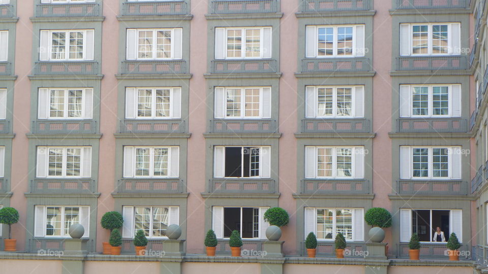 Hotel building architecture. Building window patio vintage